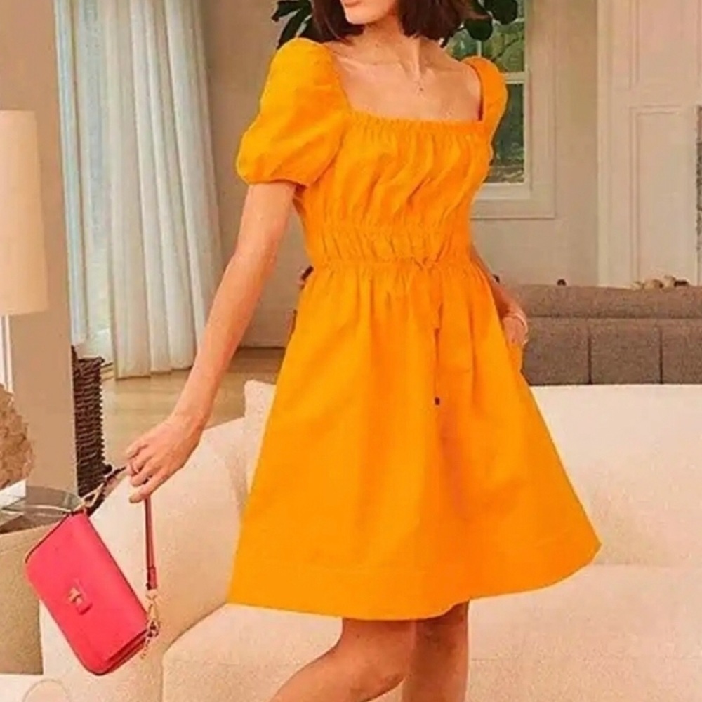 LDT Claire Puff Sleeve Dress Size 10 Mango Orange Square Neck Parachute